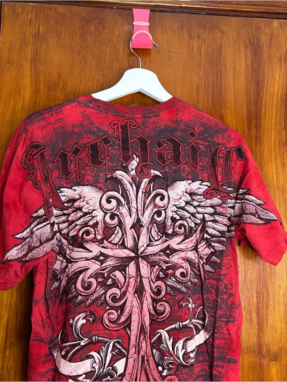 Affliction Short Sleeve Shirt Red Black Archaic Tee Graphic Print Cross Large - Picture 8 of 9